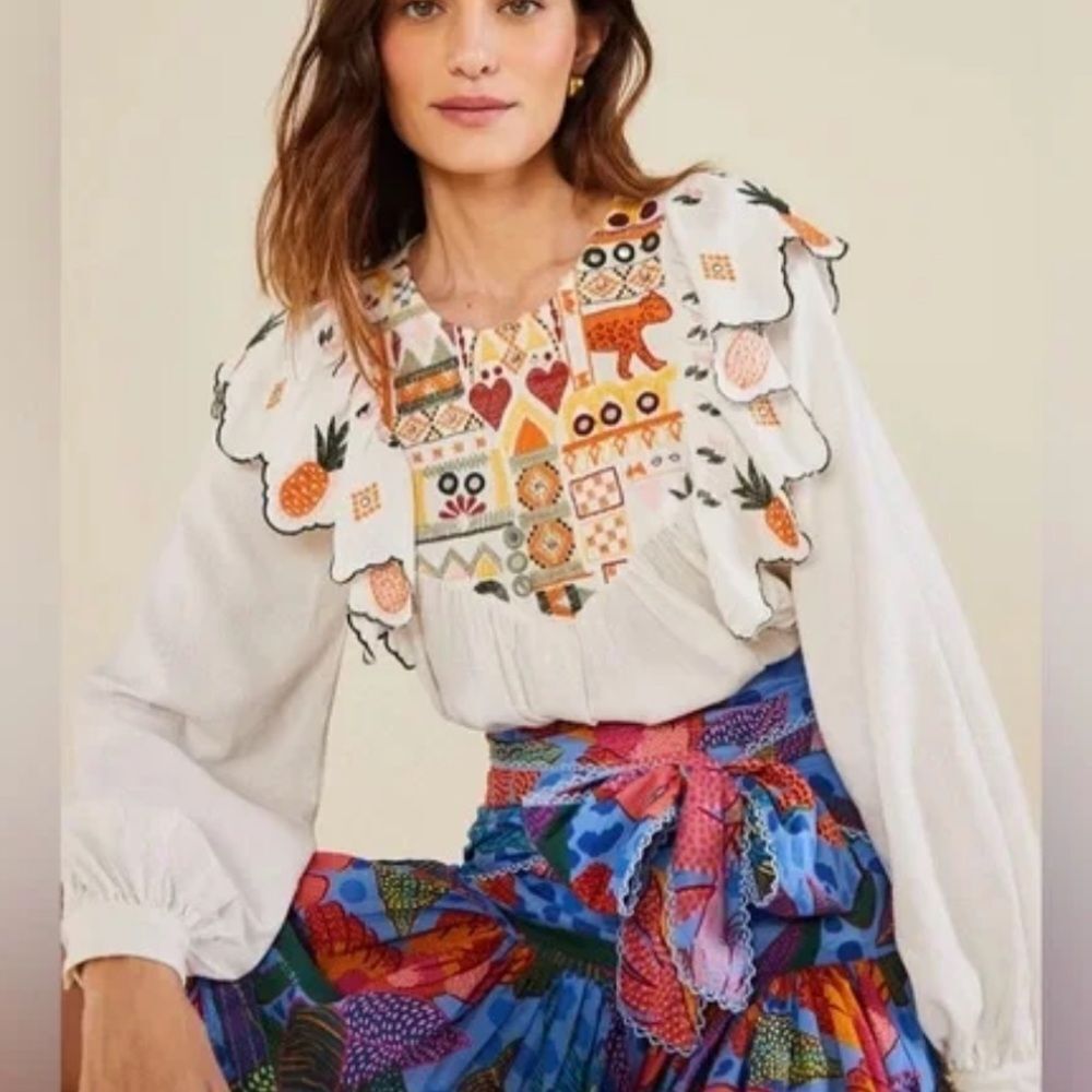 Farm Rio White Embroidered Fall Leaf Blouse, Size XL